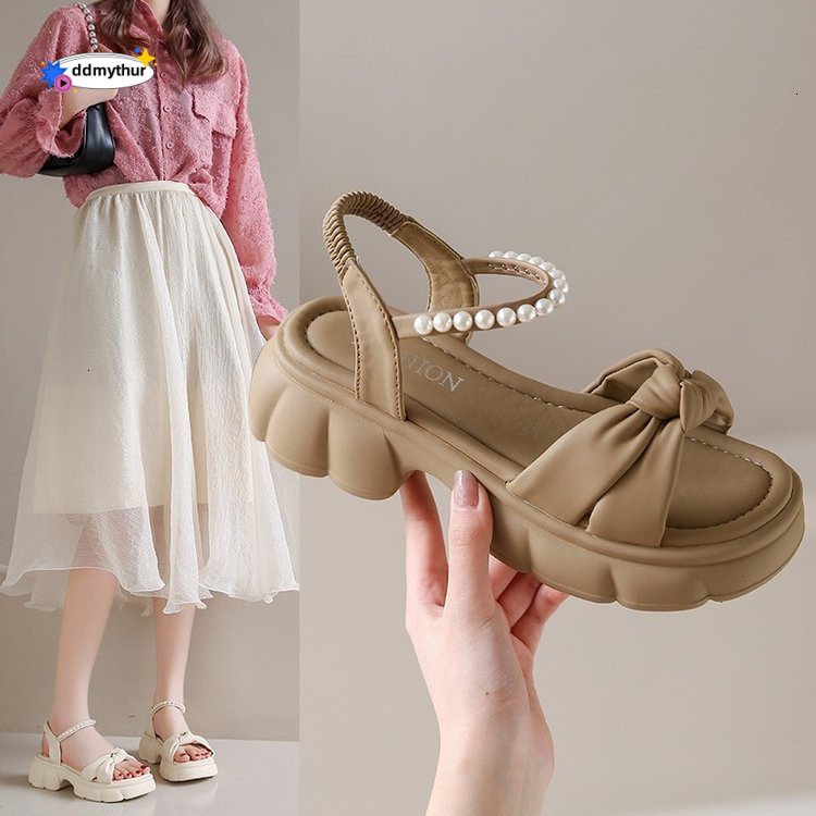 Women's 2024 Summer New Thick Sole Fairy Style Pearl Fashion Open Toe Sandals ddmythur