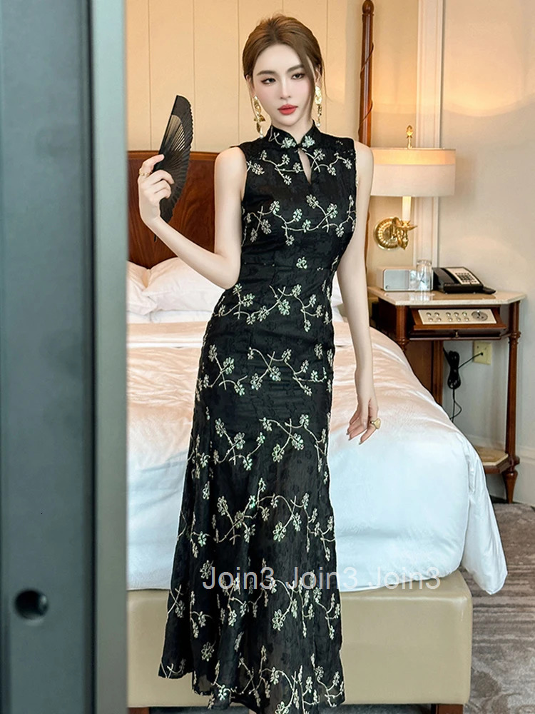 New Summer Fashion Elegant Black Print Evening Dress Women Clothing Vintage Sexy Sleeveless Slim Party Prom Robe Vestidos Fiesta