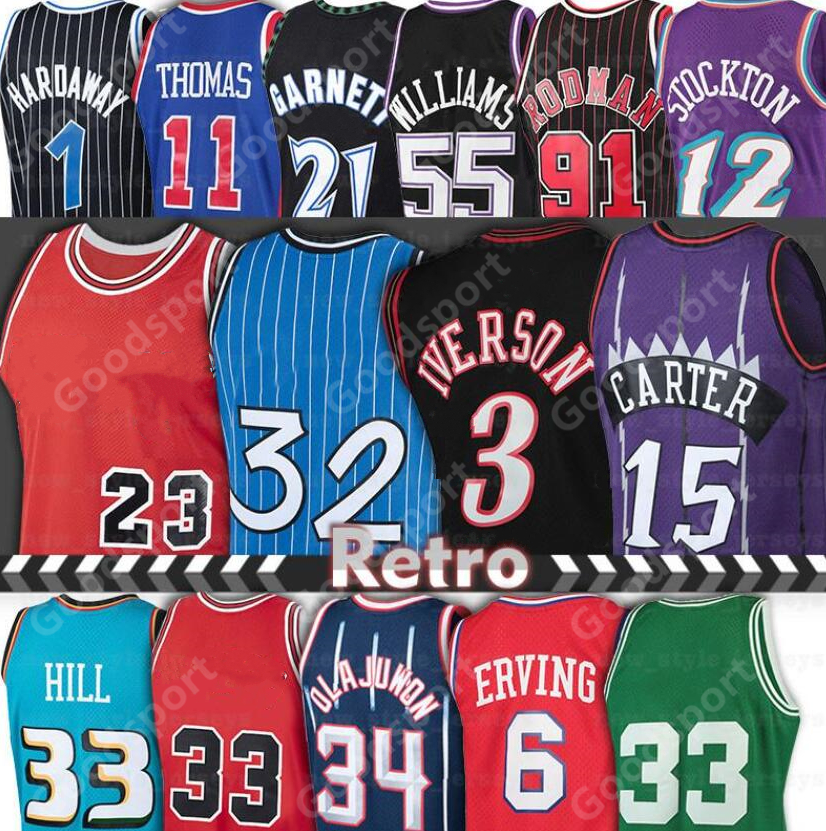 Retro Iverson Jersey Williams Bibby GARNETT Mcgrady johnson hardway Kemp Rodman Pippen Johnson Stockton Barkley Olajuwon EWING BIRD HILL NASH