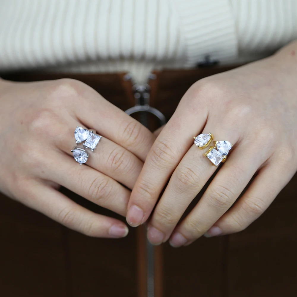 3 Stone CZ Finger Ring For Women 5A Cubic Zirconia Open Adjusted Sized Geometric Iced Out Bling Jewelry 250617