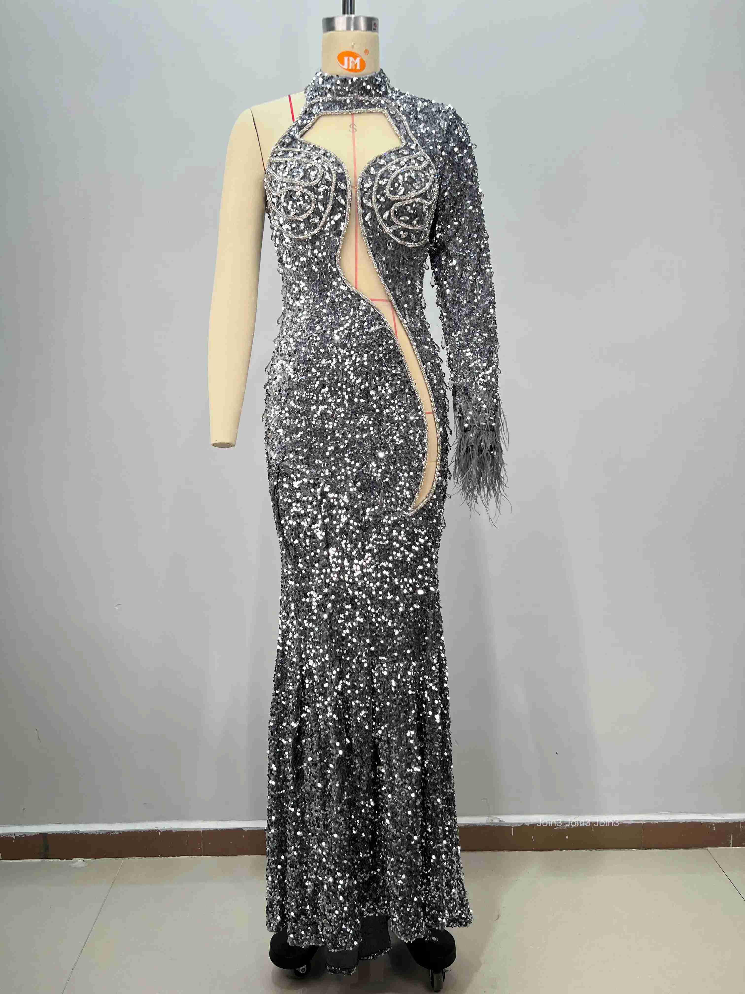 Womens Silver Sequin Bandage Dress One Shoulder Fringe Sleeve Embroidered Mermaid Gown Feather Trim Evening Party Dress