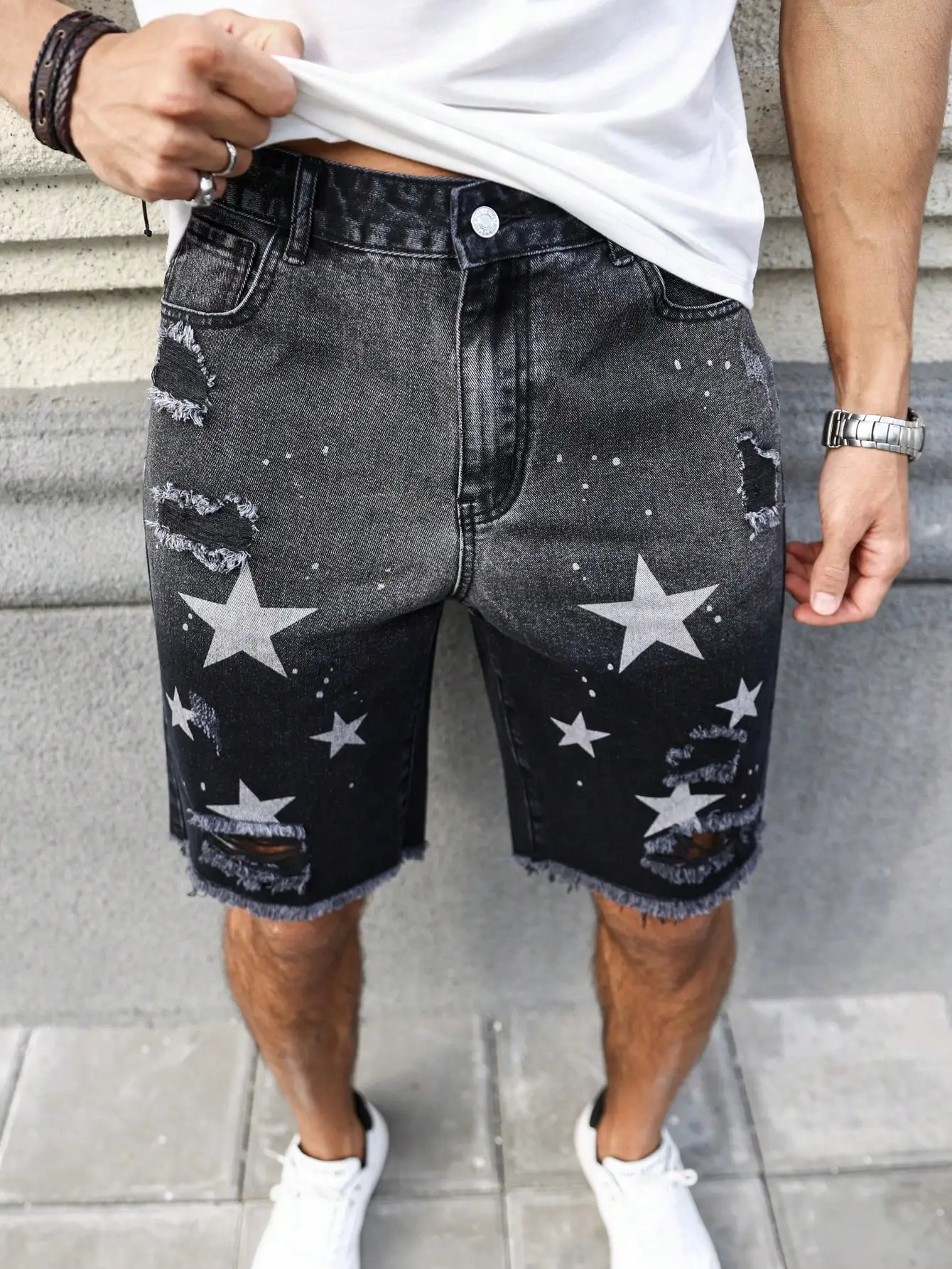 Mens summer denim printed shorts. Black - grey gradient color. Ripped details. Street - style trend. 250617