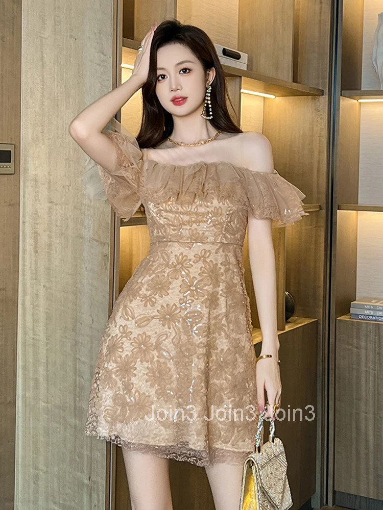 Fashion Lace Sparkly Sequin Gown Evening Dress Women Clothes Mesh Sheer Sexy Off-Shoulder Short A-Line Party Prom Vestido Fiesta