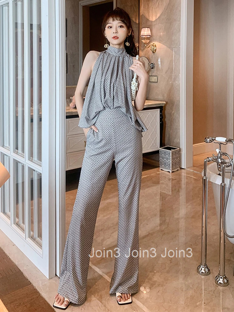 Women Elegant Vintage Print Casual Loose Stand Neck Strapless Lace Tops Shirt Blouse OL High Waist Long Flare Pants 2 Pieces Set