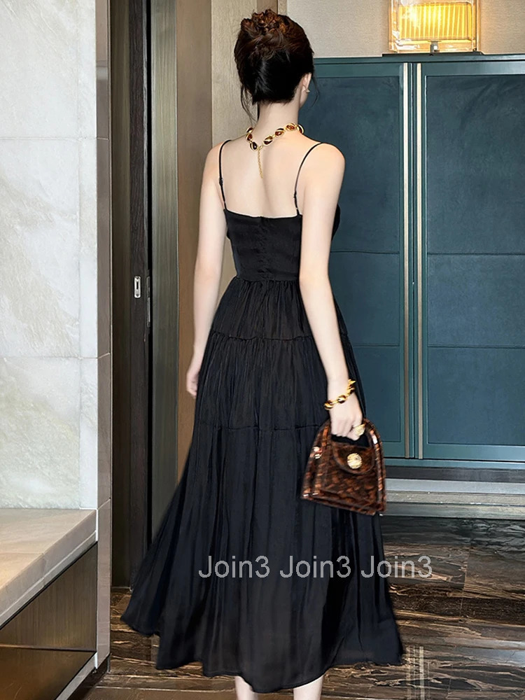 Summer French Fashion Casual Black Sexy Sling Evening Dress Women Clothes Chest Wrapped Slim Midi A-Line Robe Party Prom Vestido