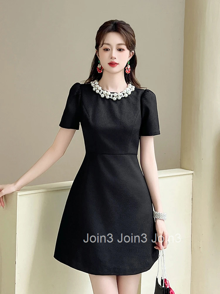 Simple Black Vintage Short Evening Dress Women Clothes New Summer Elegant Pearl O-Neck Slim Mini Party Club Prom Vestidos Fiesta