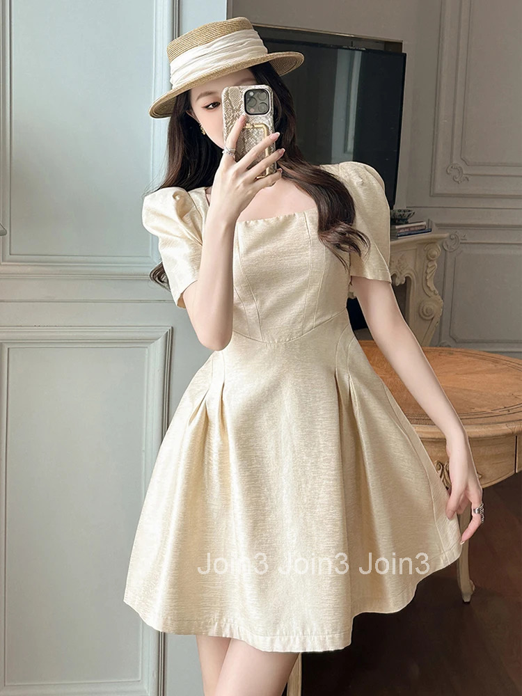 New Summer Fashion Elegant Solid Simple A-Line Short Dress Women Clothes Casual Retro Puff Sleeve Slim Party Prom Gown Vestidos