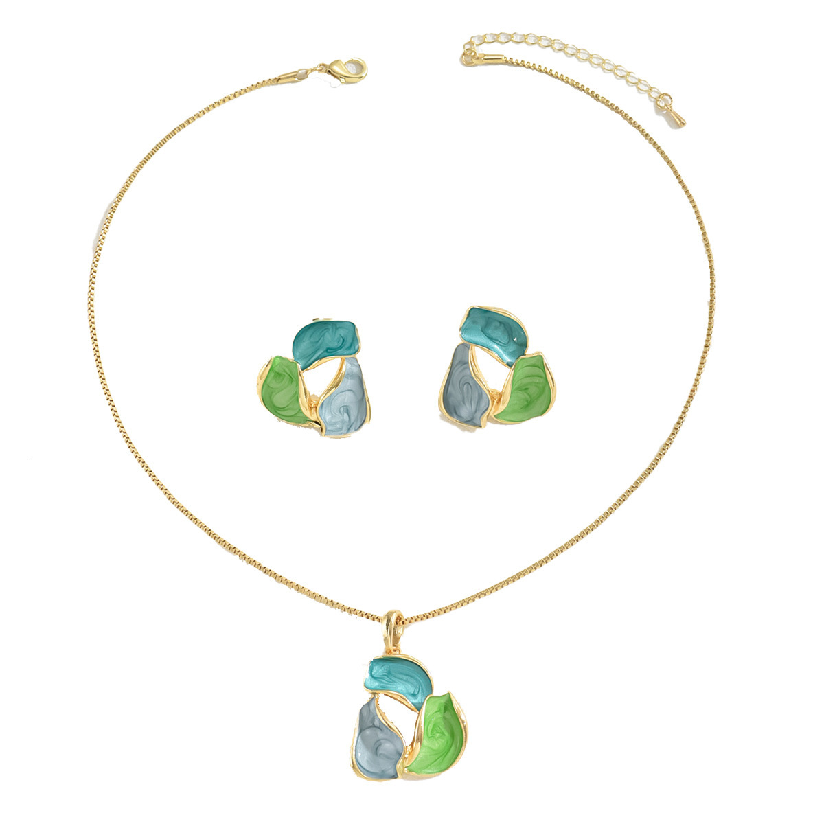Fashion Style Women's Petal Earrings Oil Drip Hlow Design Long Necklace Jewelry Set