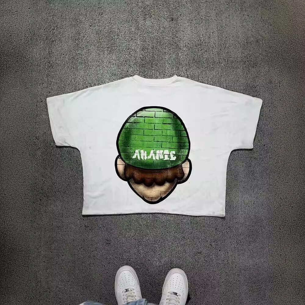 Korean Style Simple Niche Design Cartoon Long Printed Cotton T-Shirt Men's Hip-Hop Harajuku Y2K Loose Couple Top