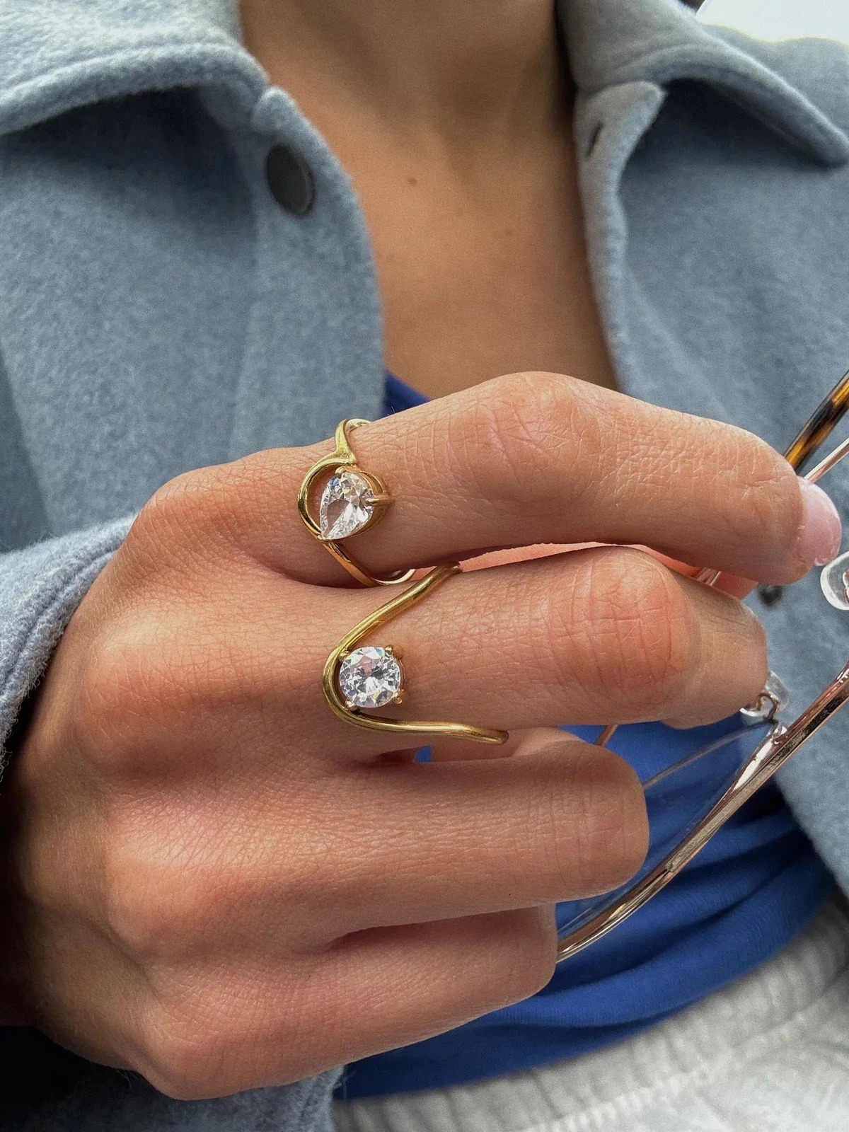 Perisbox 2 Unique ns Water Drop Circular Zircon Rings Stainless Steel Gold Plated Finger Jewelry Trendy Women Accessories 250617