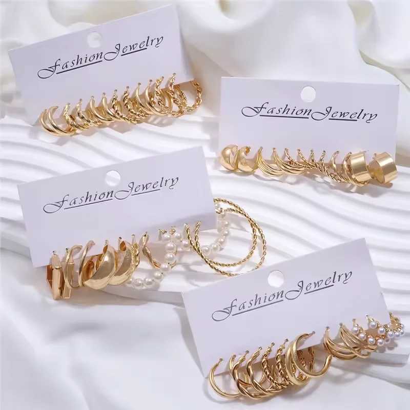6/24 Pairs Gold Color Vintage Hoop Earrings Set for Women Girl Imitation Pearl Geometric Metal Twist Earring Fashion Jewelry XJ250623