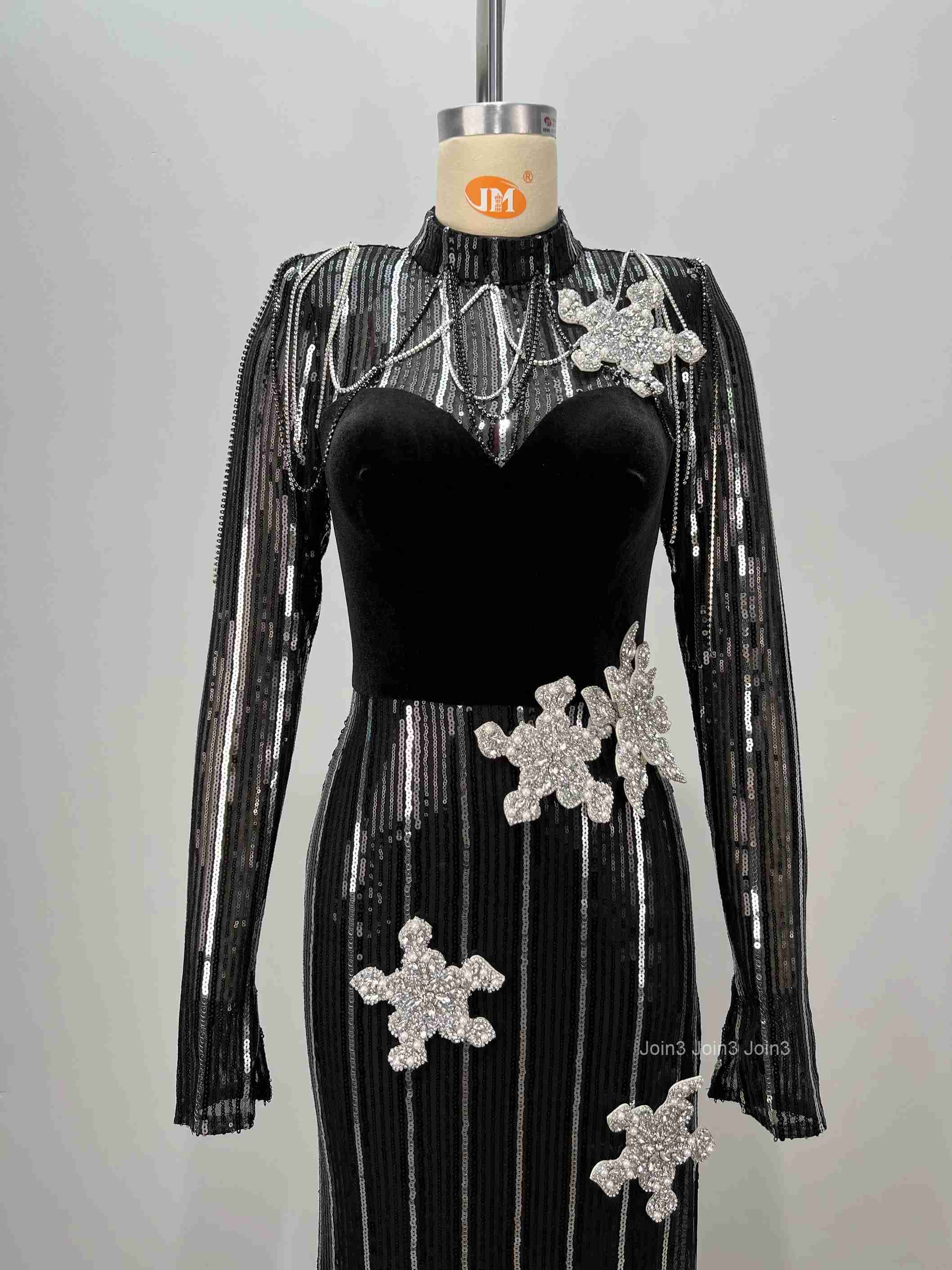 Bandage Sequin Dress with Crystal Flower Embellishments Sexy Long Sleeve High Slit Evening Gown Women Glitter Black Party Dress