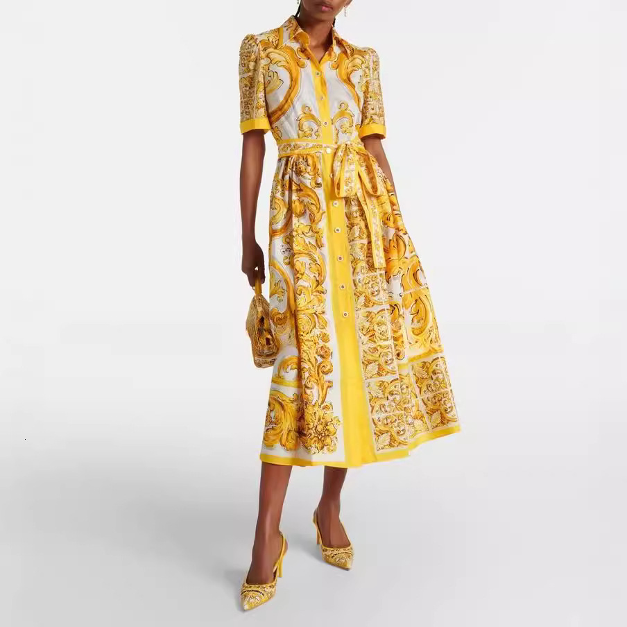 Women Organic Cotton Half High Collar Paisley Printed Midi Dress with Sashes 250121