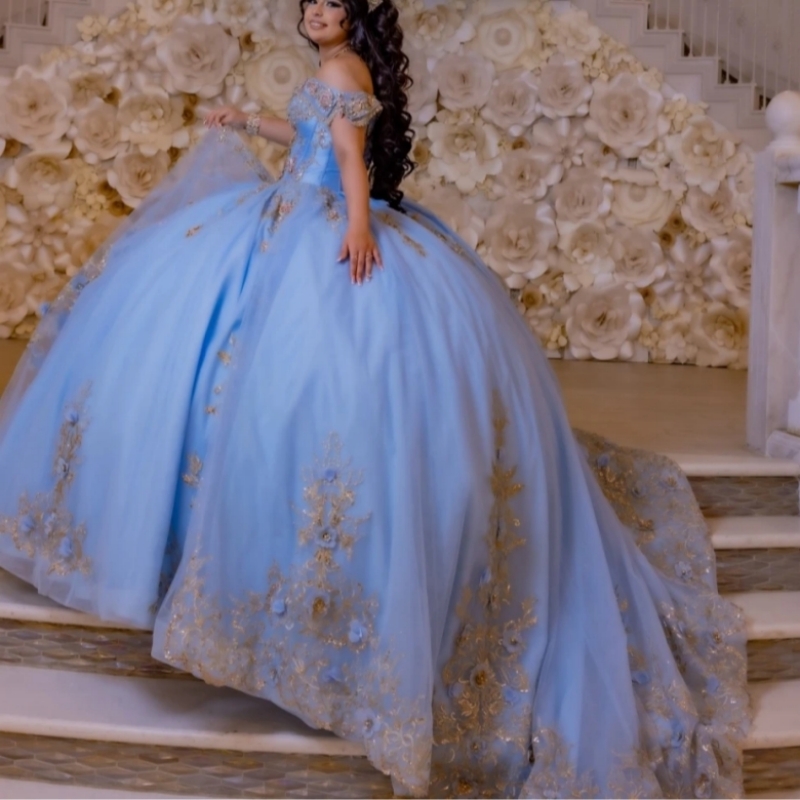 Sky Blue Shiny Ball Gown Quinceanera Dreseses Sequins Lace Applique Beading Tull Sweet 16 Dress Vestidos De 15 Anos