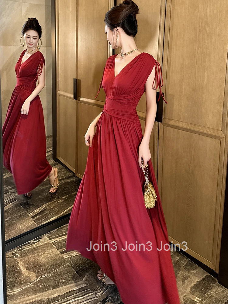 Summer French Fashion Wine Red Evening Dress Women Clothes Elegant Casual Sexy Sleeveless Slim Maxi Long Robe Party Prom Vestido