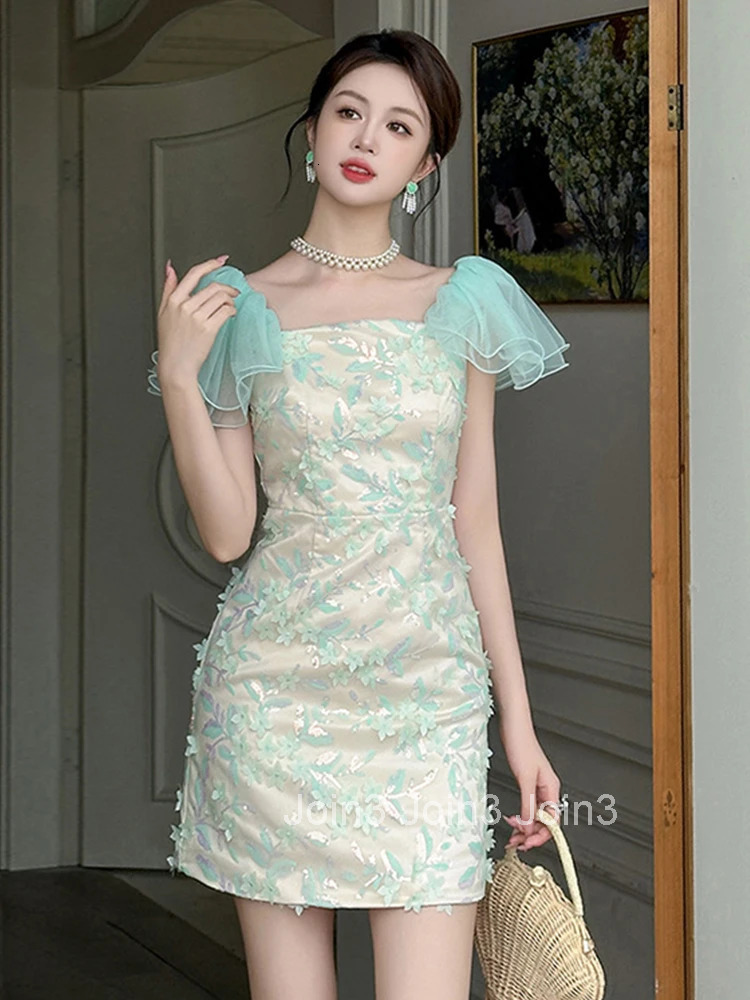 Summer Fashion Lace Sequin Floral Vacation Evening Dress Women Clothes Girls Sweet Sexy Bubble Sleeve Slim Party Prom Vestidos