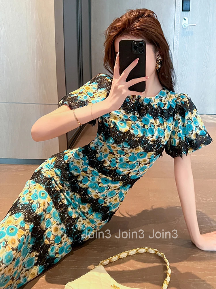 Summer Satin Elegant Women Evening Dress Vintage Print Puff Sleeve Slim Midi Pencil Party Club Prom Birthday Femme Mujer Vestido