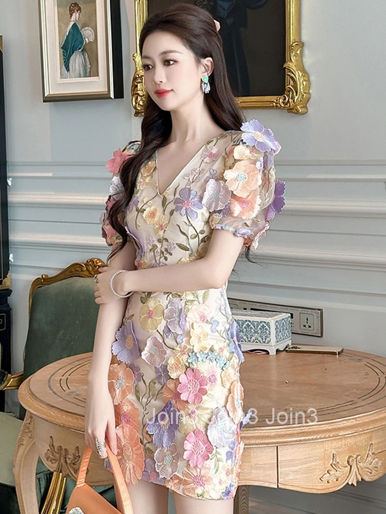 Summer Fashion Embroidered Flower Short Evening Dress Women Clothes Sweet Sexy V-Neck Slim Vacation Party Prom Vestidos Fiesta
