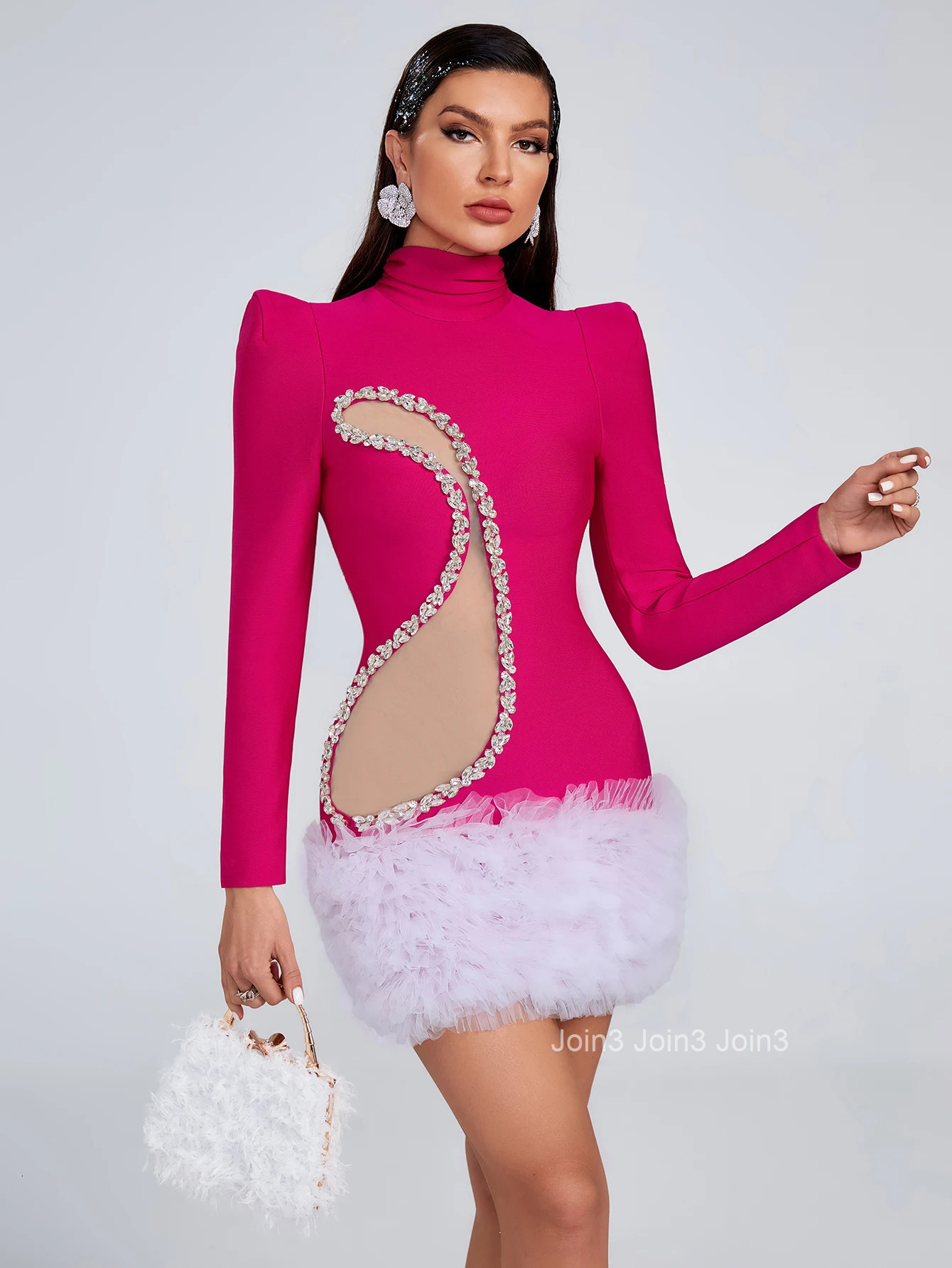 Autumn Outfits Fashion Diamonds Embelled Gauze Rose Red Mini Bandage Dress For Women Elegant Long Sleeve Evening Party Prom Gown