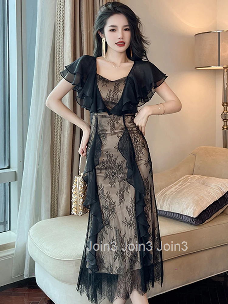 Summer Evening Dress Women Elegant Chic Lace Black Butterfly Sleeve Slim Midi Party Club Mujer Robe Femme Vestido Street Clothes