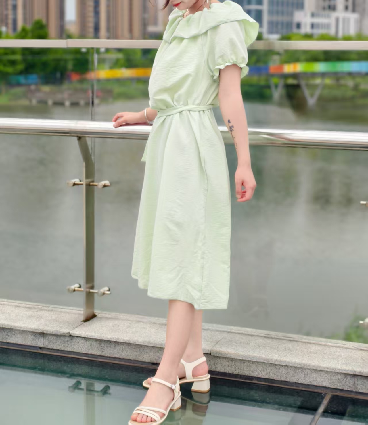 Women's Light Blue Cotton Shirt Dress with Belted Waist