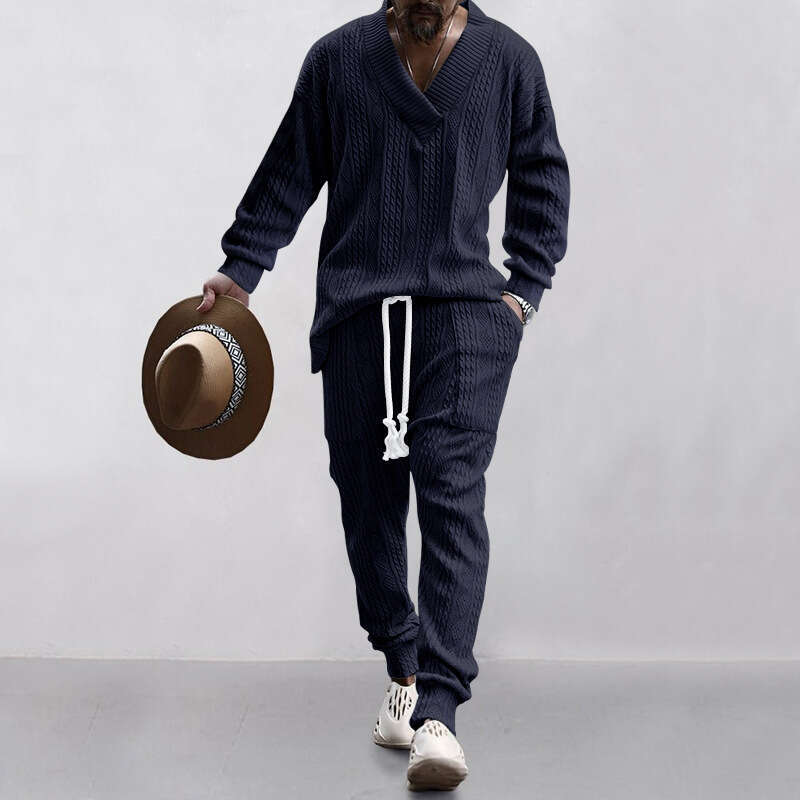 Hot-Selling Cross-Border New European and American Casual Long Pants V-Neck Versatile Jacquard Knit Sweater Men's Autumn Set