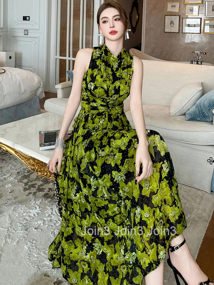 Summer Chiffon Sweet Floral Print Vacation Beach Long Dress Women Clothes Elegant Sleeveless Slim Party Prom Vestido Fiesta Robe