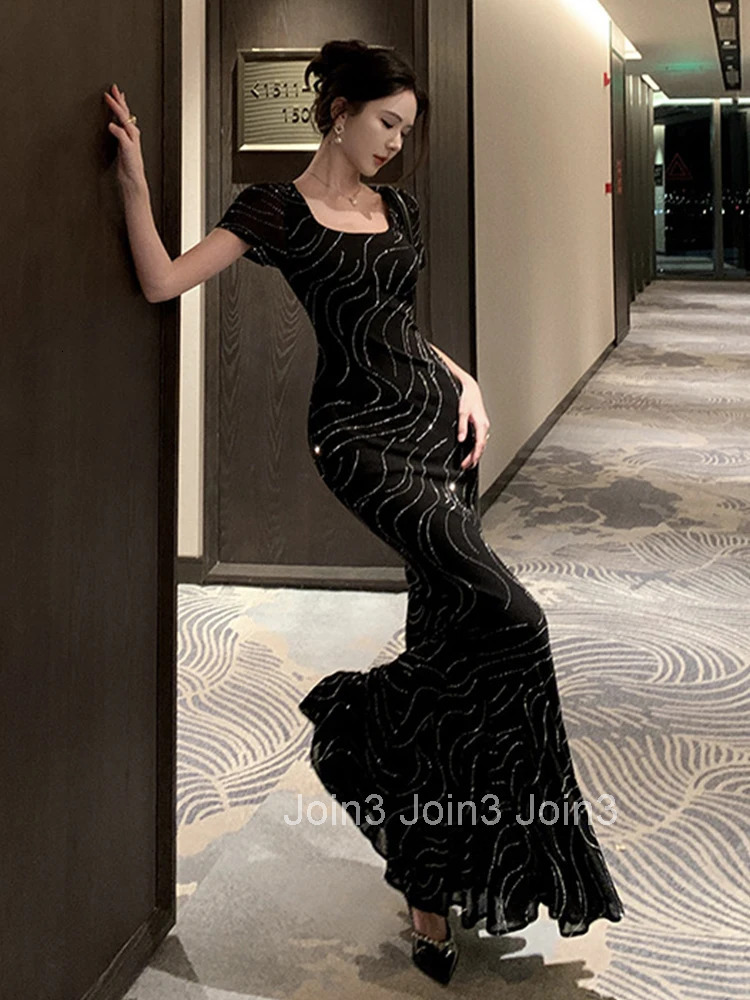 French Style Quality Party Dress Women Socialite Fashionable Bright Rhinestone Long Fishtail Robe Female Evening Prom Vestidos