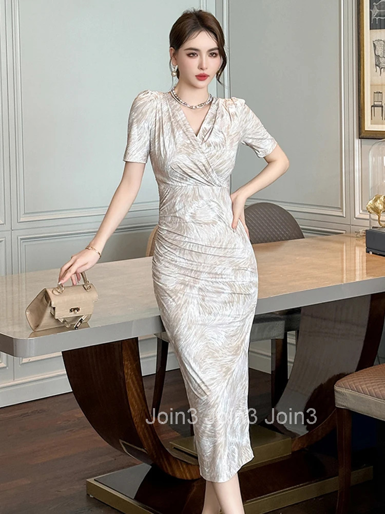 New Summer Work Style Stretchy Print V-Neck Slim Midi Dress Women Elegant Casual Short Sleeve Skinny Robe Vestido Street Clothes