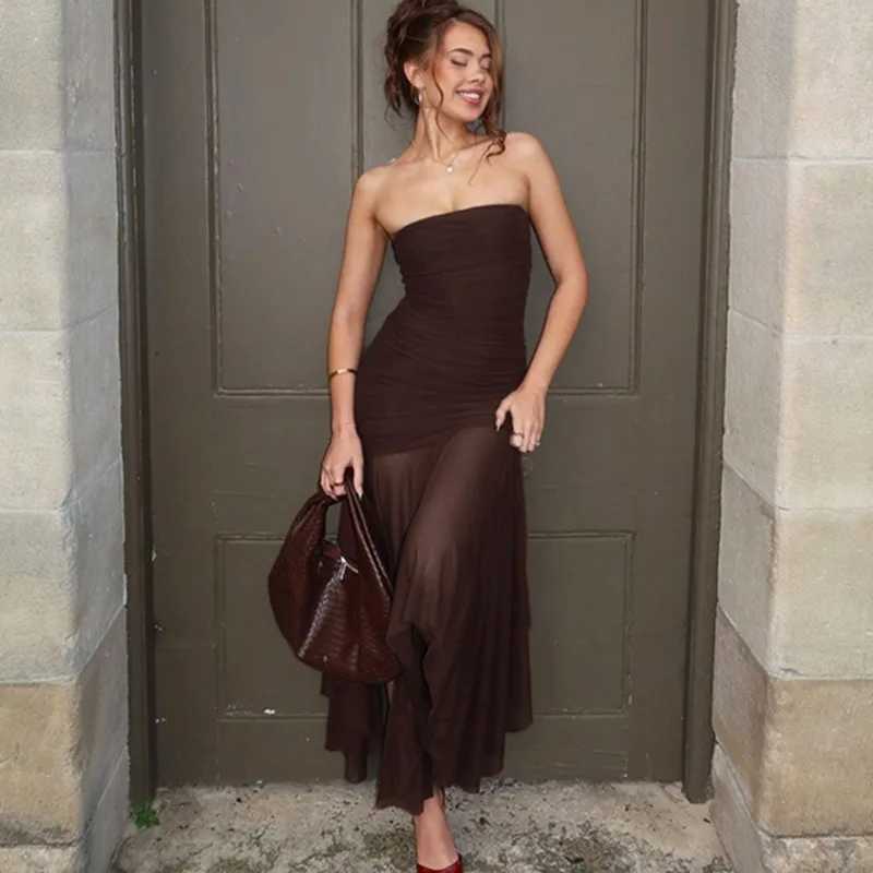Talenza Mesh Sheath Long Dress Womens Sexy Pleated Slim Patchwork Brown Long Dress Vintage Party Evening Dresses 2025 Vestidos XJ250621