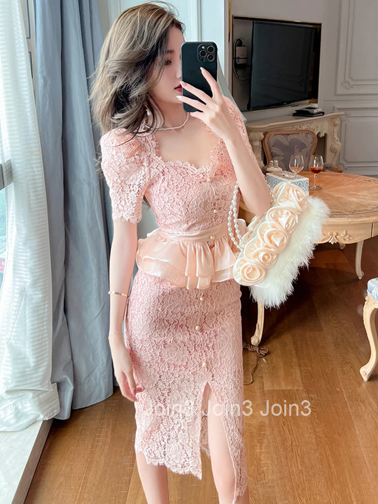 New Summer Elegant Women Evening Dress Chic Lace Pink Sheer Sexy Low Cut Ruffle Slim Midi Pencil Party Prom Femme Mujer Vestidos