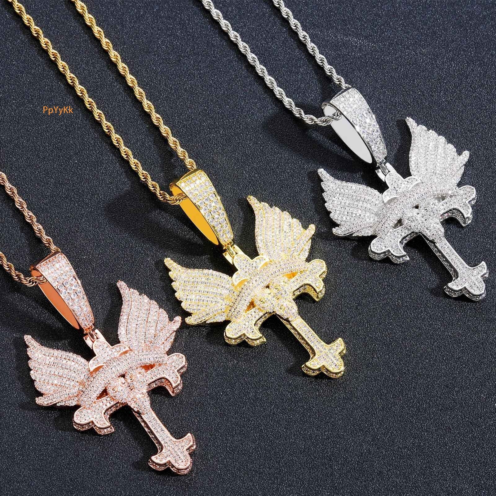 Luxury Moissanite Iced Out Angel Wings Cross Solid Polished Hip Hop Men's Bling Trendy Necklace Pass the diamond tester