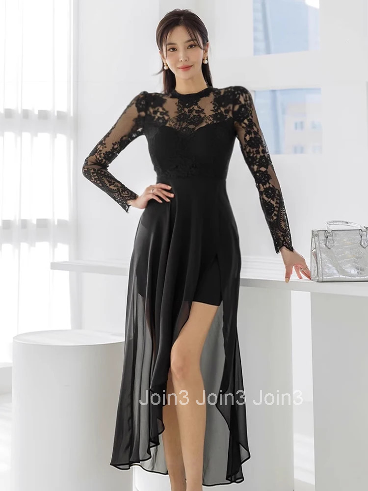 New Fashion Lady Black Evening Dress Women Clothes Elegant Lace Sheer Sexy O-Neck Slim Maxi Party Prom Vestidos Robe Femme Beach