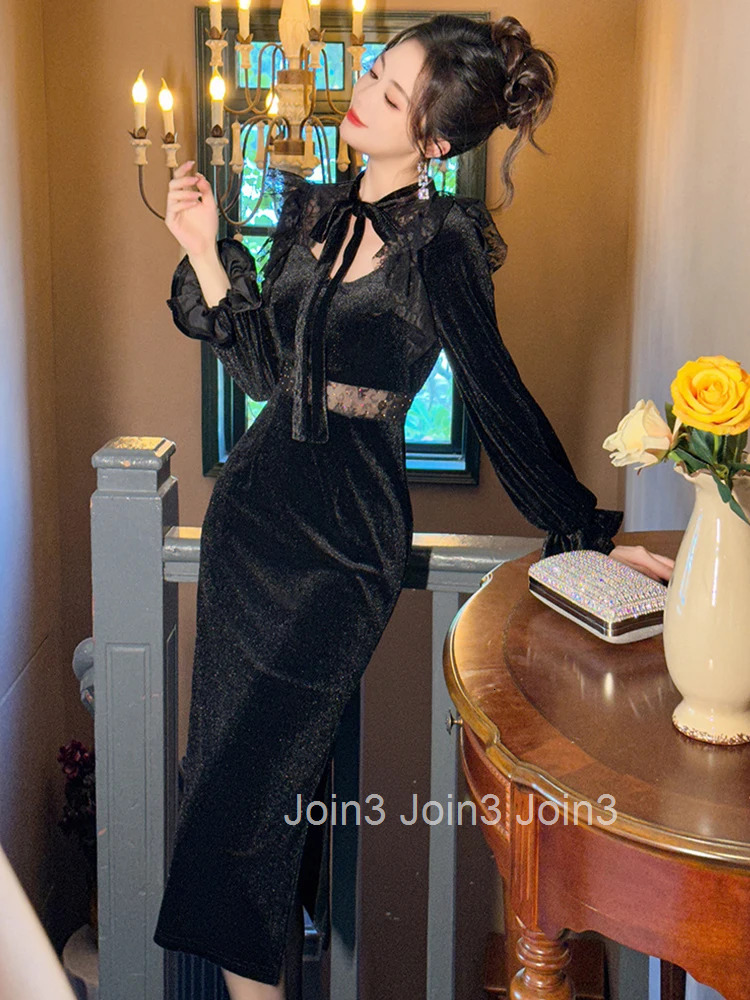 New Fashion Ladies Black Velvet Stretchy Dresses Women Mujer Chic Elegant Sweet Sexy Hollow Skinny Party Prom Dress Robe Vestido