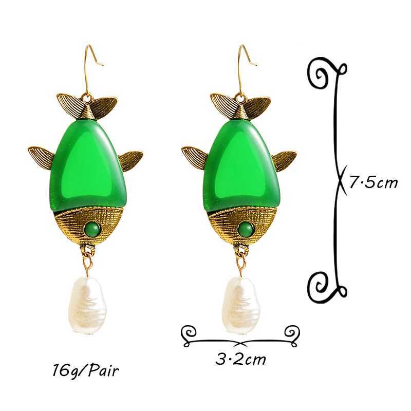 New Brand Animal Pendant Earrings Train Green Color Simulated Pearl Fish Drop Earrings Summer Beach Jewelry Brincos XJ250623