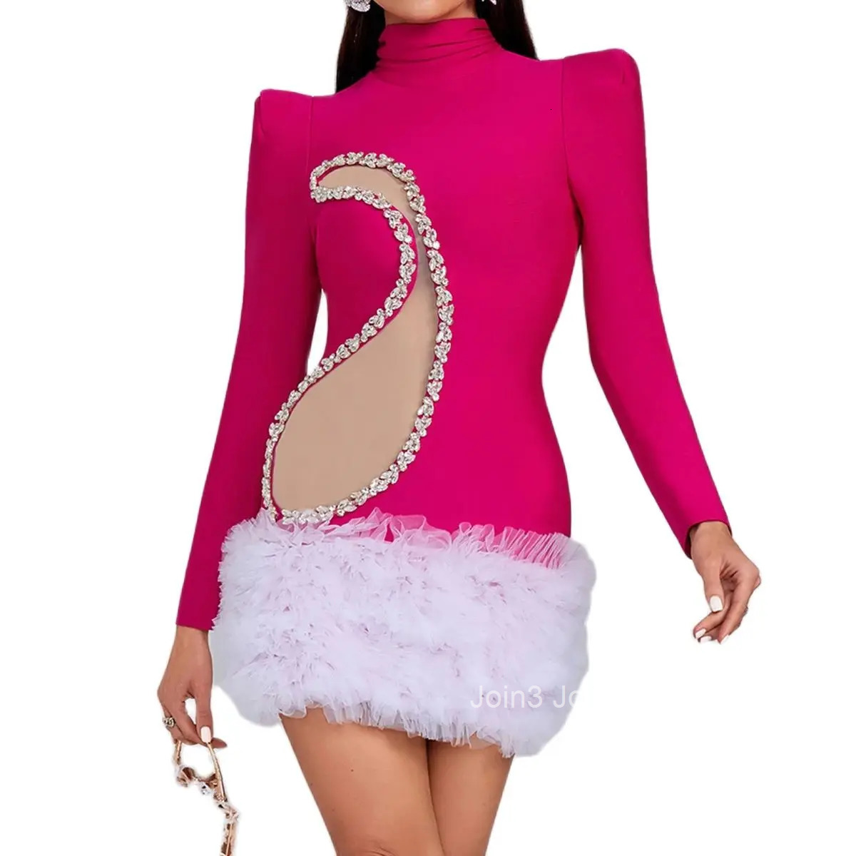 Autumn Outfits Fashion Diamonds Embelled Gauze Rose Red Mini Bandage Dress For Women Elegant Long Sleeve Evening Party Prom Gown