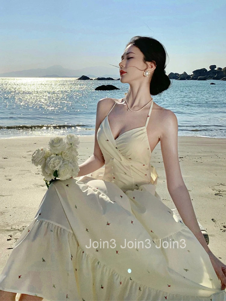 Women Vacation Clothes Sweet Print Sexy Halter Backless A-Line Maxi Long Dress Elegant Fashion Party Prom Vestido Robe Beach New