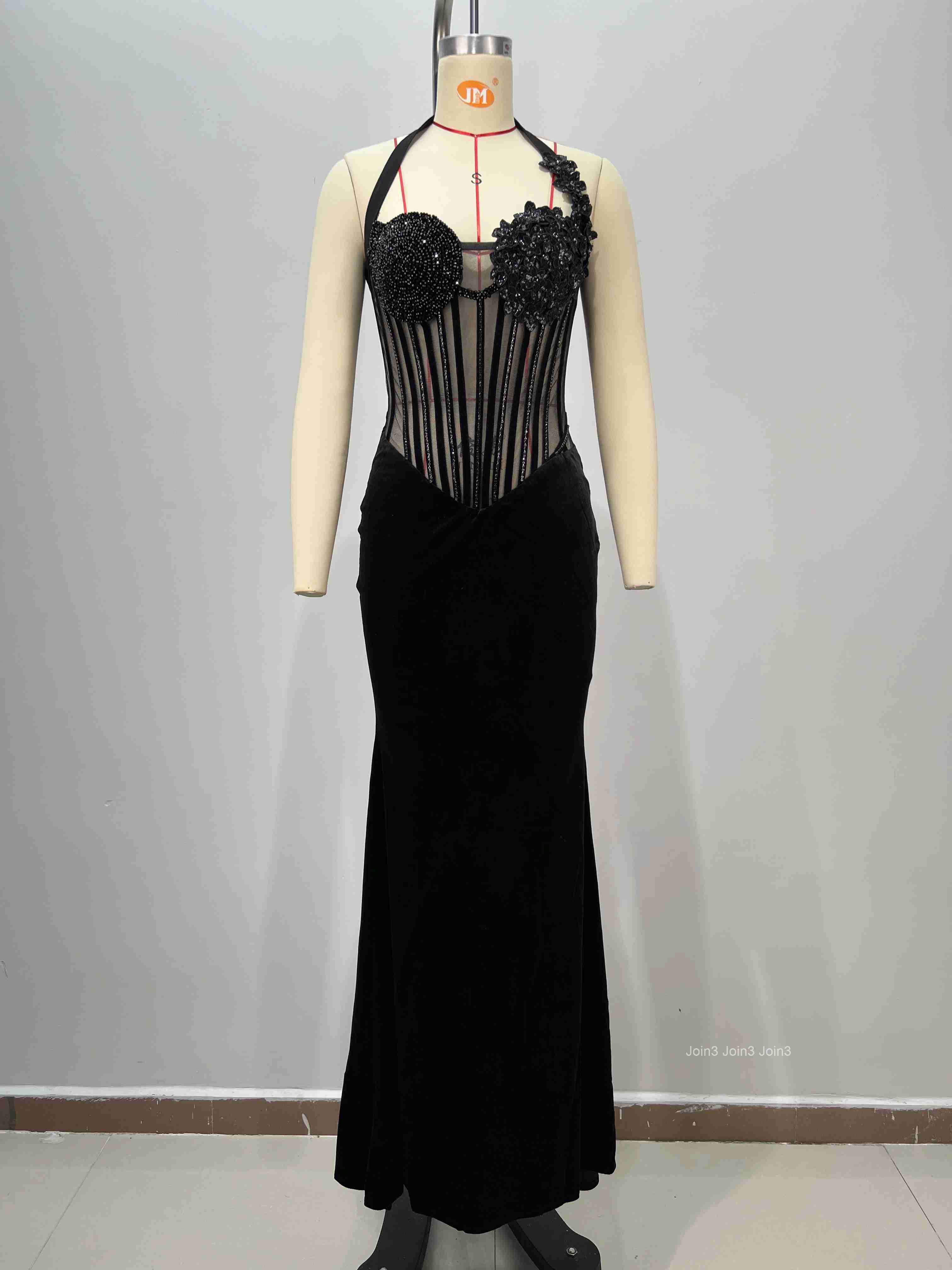 Womens Bandage Crystal Embellished Halter Dress with Sheer Bodice Sexy Black Mermaid Evening Gown Backless Prom Dress