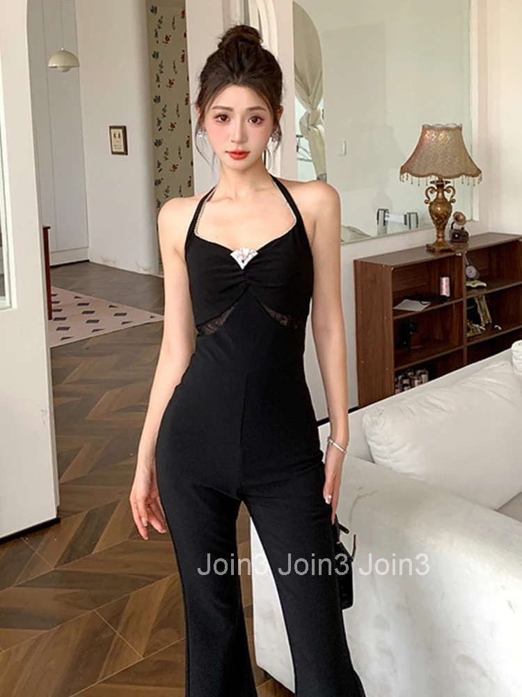 New Fashion Summer Black Club One Piece Long Jumpsuits Women Clothes Elegant Sexy Halter Backless Mujer Flare Trousers Rompers
