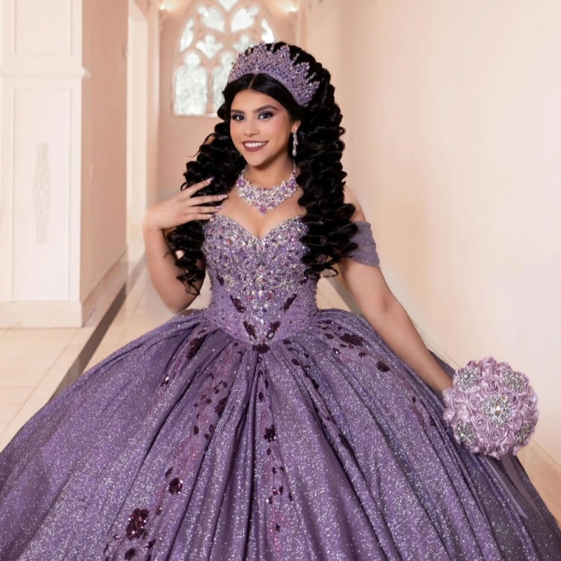 Purple Shiny Ball Gown Quinceanera Dresses Glitter Lace Applique Beading Crystal Bow Tull Sweet 16 Dress Vestidos De 15 Anos