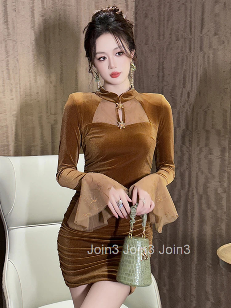 Women Clothes Retro Velvet Stand Neck Folds Skinny Mini Short Dress Elegant Fashion Evening Party Prom Vestido Spring Autumn New