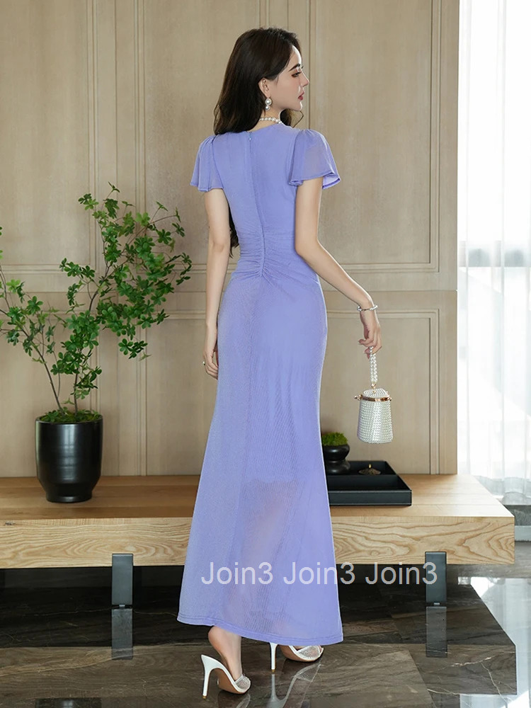 French Romance Purple Vacation Evening Dress Women Stretchy Clothes Elegant Floral V-Neck Skinny Maxi Robe Party Prom Vestidos