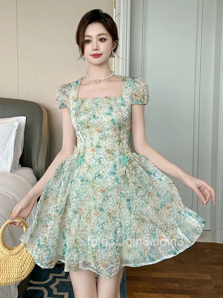 Women Clothes Sweet Floral Print Puff Sleeve Folds Slim Mini Short A-Line Dress Fashion Party Prom Vestidos Casual Beach Summer