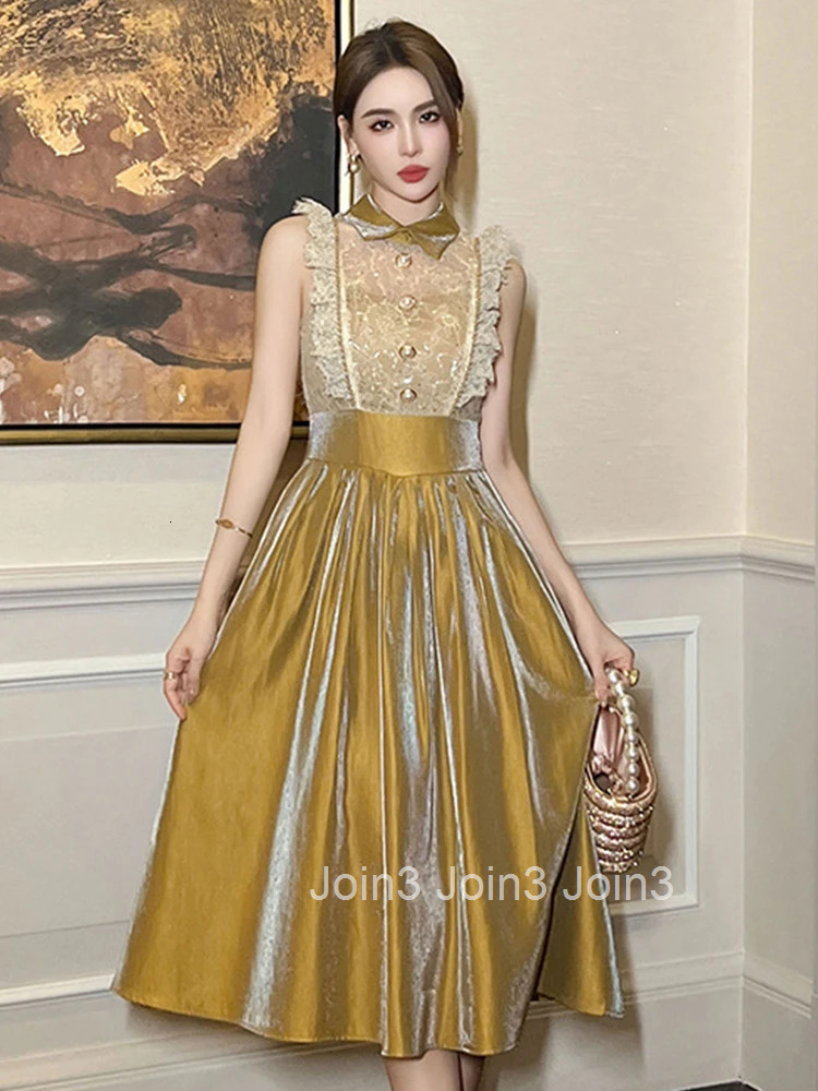 New Summer Fashion Lace Splic Evening Dress Women Clothes Sweet Flying Sleeve Slim Midi A-Line Party Prom Vestidos Fiesta Robe