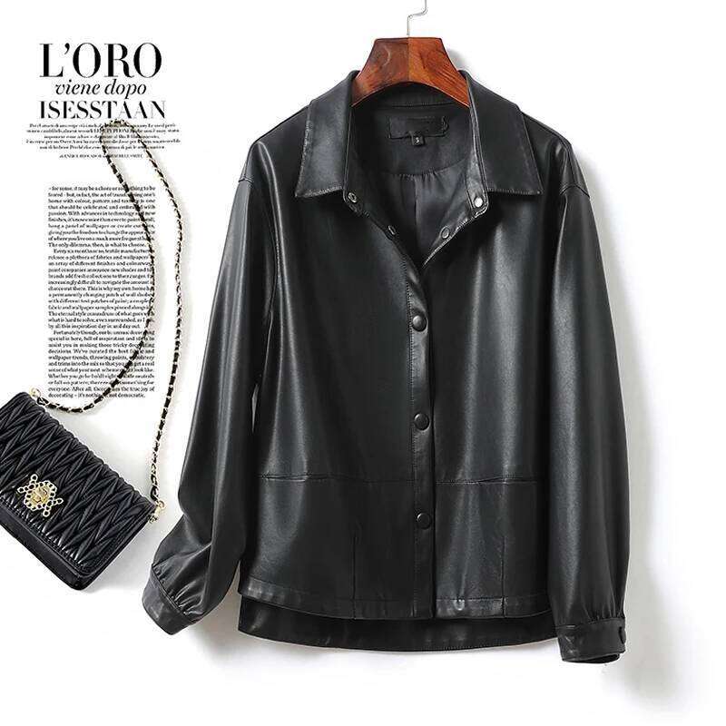 2024 Spring Autumn Women's Short Sheepskin Casual Covered Button Ladies Loose Split Leather Jacket Coats S-2Xl