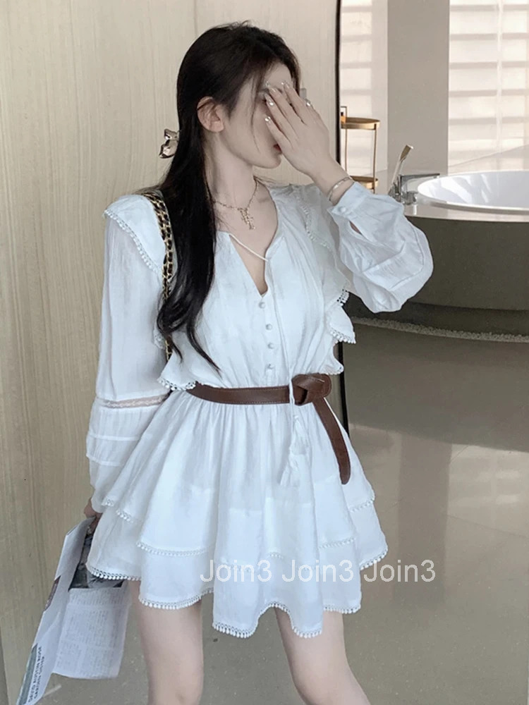 New Autumn Fashion Sweet White Ruffle V-Neck Short Dress Women Lady Casual Puff Sleeve Slim Belt A-Line Vestidos Street Clothes