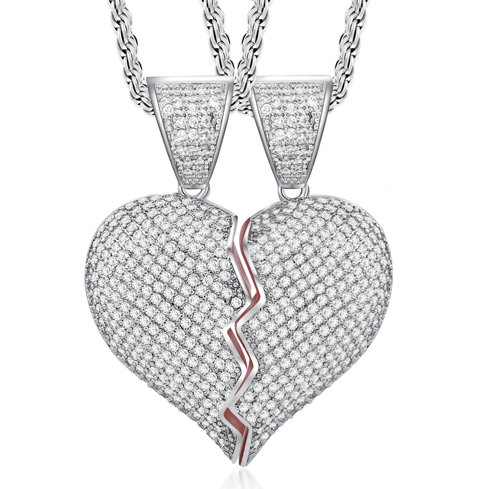 Hip Hop Broken Heart Shape Pendant Diamond Inlaid Unique Trendy Fashion Bling Bling Statement Necklace