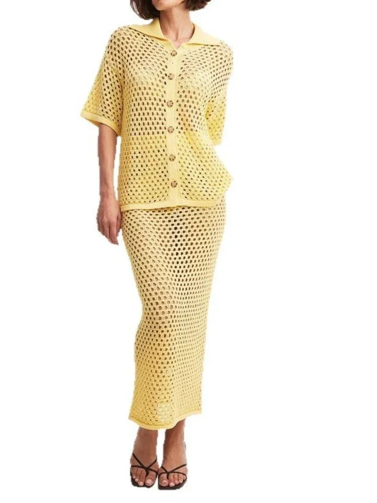 Womens Clothing Summer Casual Dress Sets Fashionable Mesh Fishnet Beach Knit Blouse Long Skirt Matching for Women 250614
