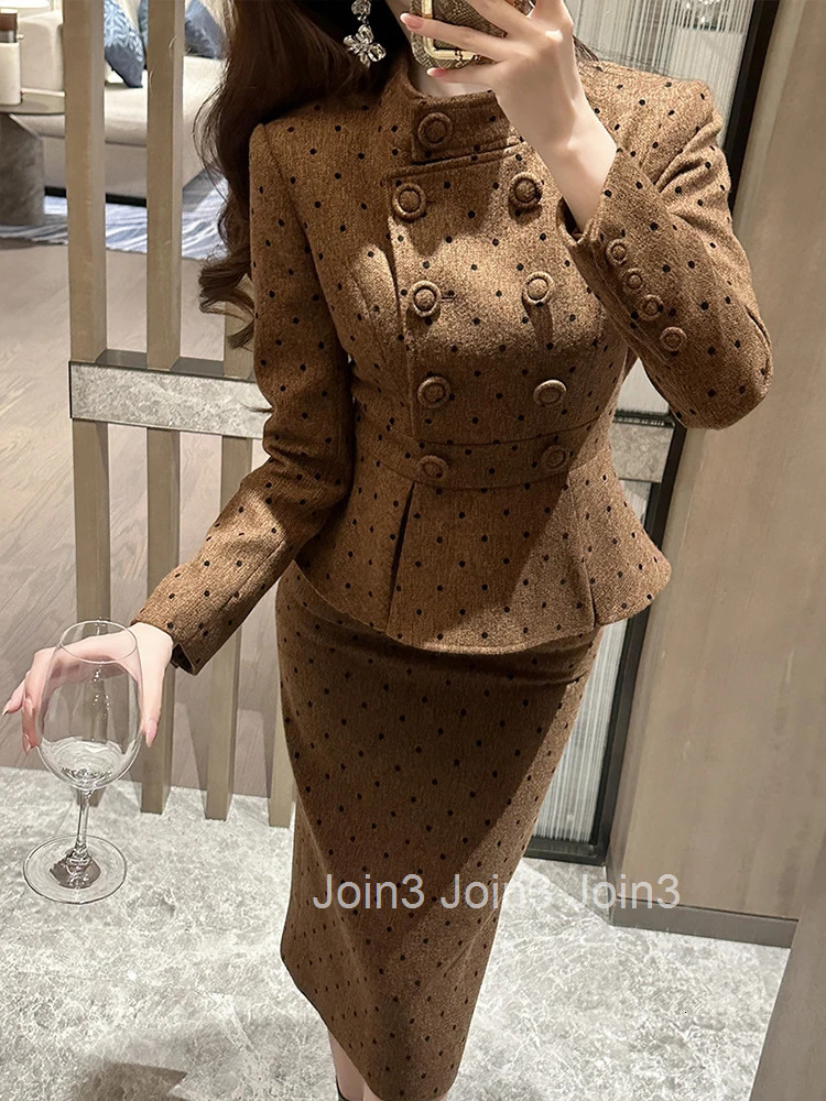 Women Clothes Retro Tweed Formal Occasion Fake 2-Piece Dot Double Breasted Ruffle Slim Midi Pencil Dress Elegant Vestidos Casual