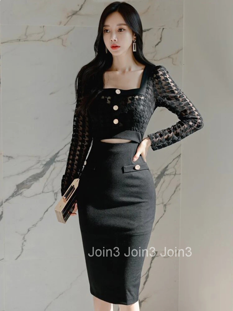 Fashion Korean Style Women Retro Sexy Square Collar Perspective Hollow Midi Party Club Dress OL Elegant Temperament Split Dress
